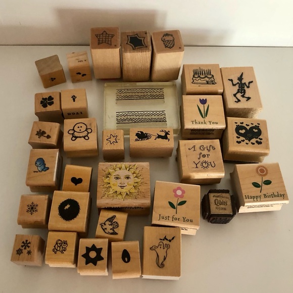 Office Bundle Of 31 Vintage Rubber Wooden Block Stamps Assorted Card